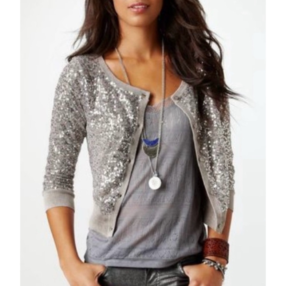 American Eagle Taupe Silver Sequin Cardigan Sweater